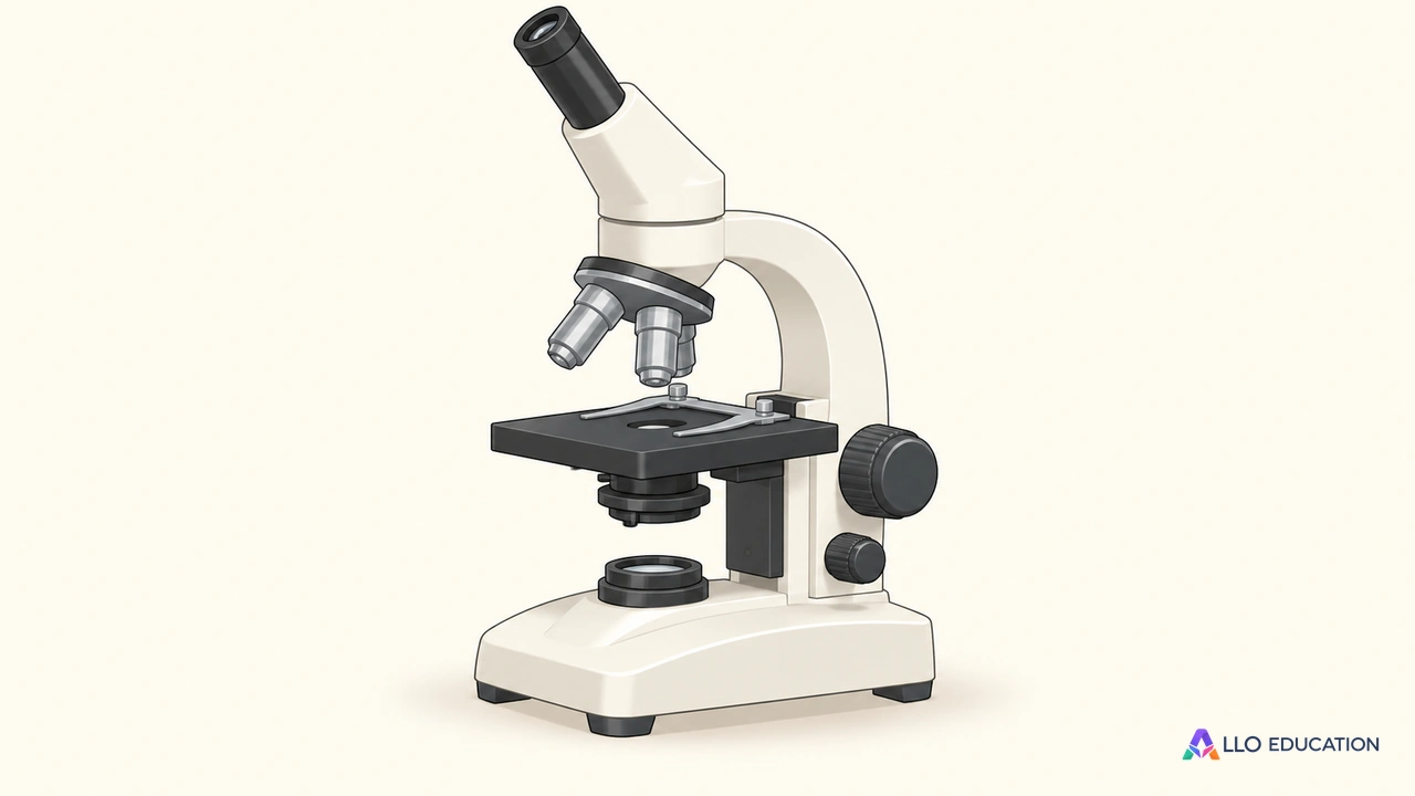 Un microscope optique entier, sobre et sans inscription, isolé sur fond clair.
