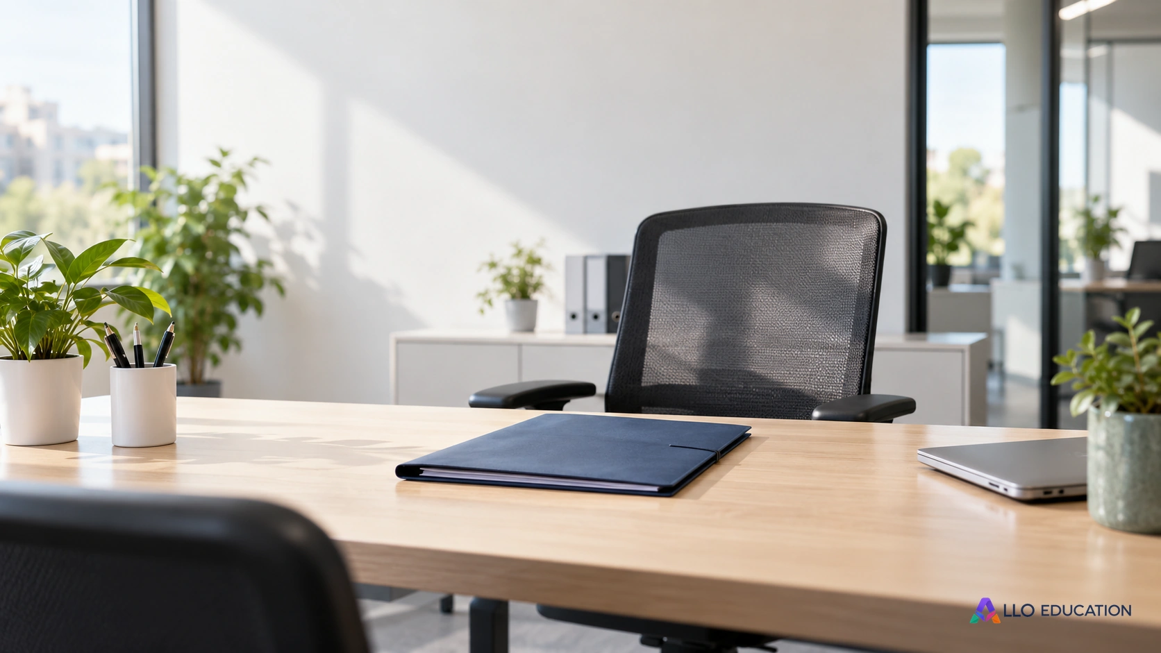 Un siège de travail vide et un dossier fermé annoncent la rencontre entre emploi et candidature.