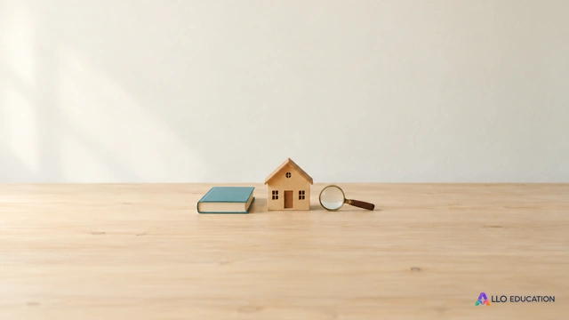 Un livre vert, une école miniature et une loupe sur une table claire.