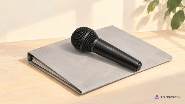 Un microphone sans marque repose sur un dossier fermé et uni.