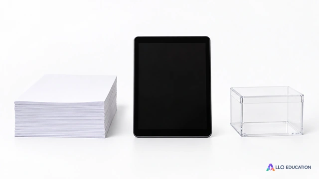 À gauche une pile de papier blanc sans écriture ; au centre une tablette noire à écran éteint sans marque ; à droite une petite boîte transparente vide sans inscription.