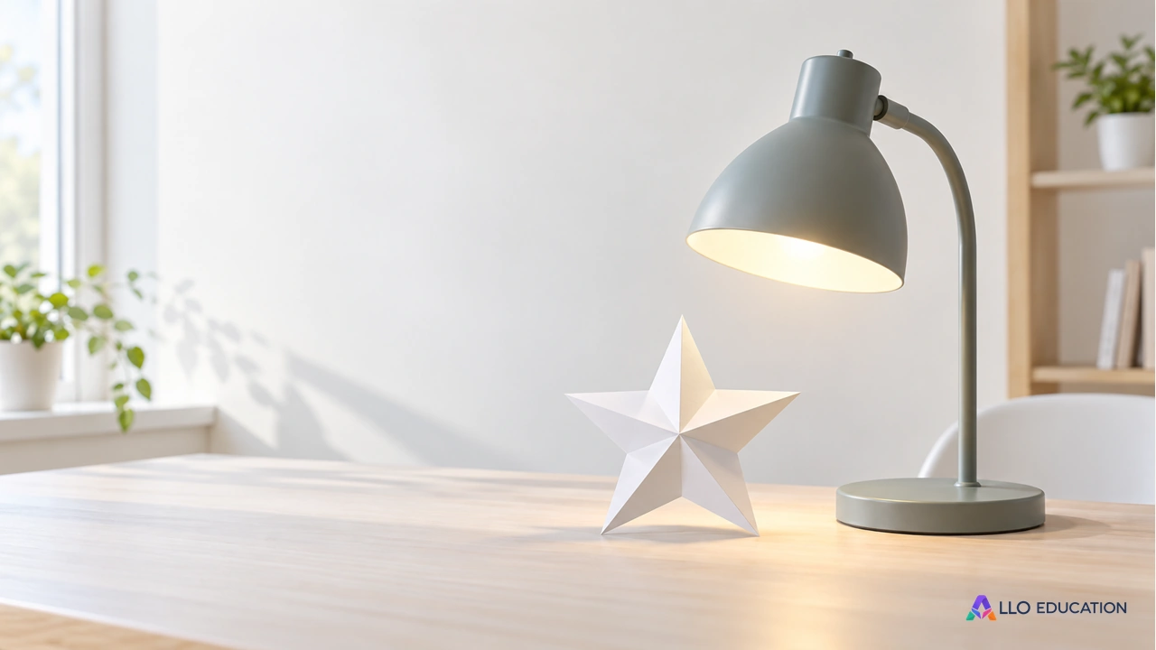 Une lampe allumée à côté d’une étoile en papier blanc.