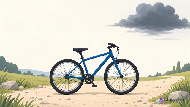Un vélo bleu entier sur un sentier clair, sous un petit nuage sombre.