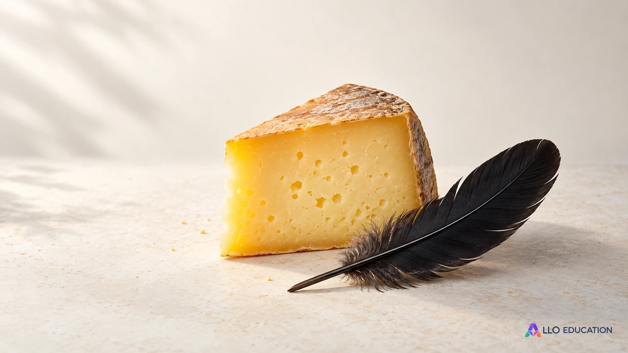 Un morceau de fromage doré avec une plume noire posée à côté, sur fond clair, évoque l’enjeu de la fable.