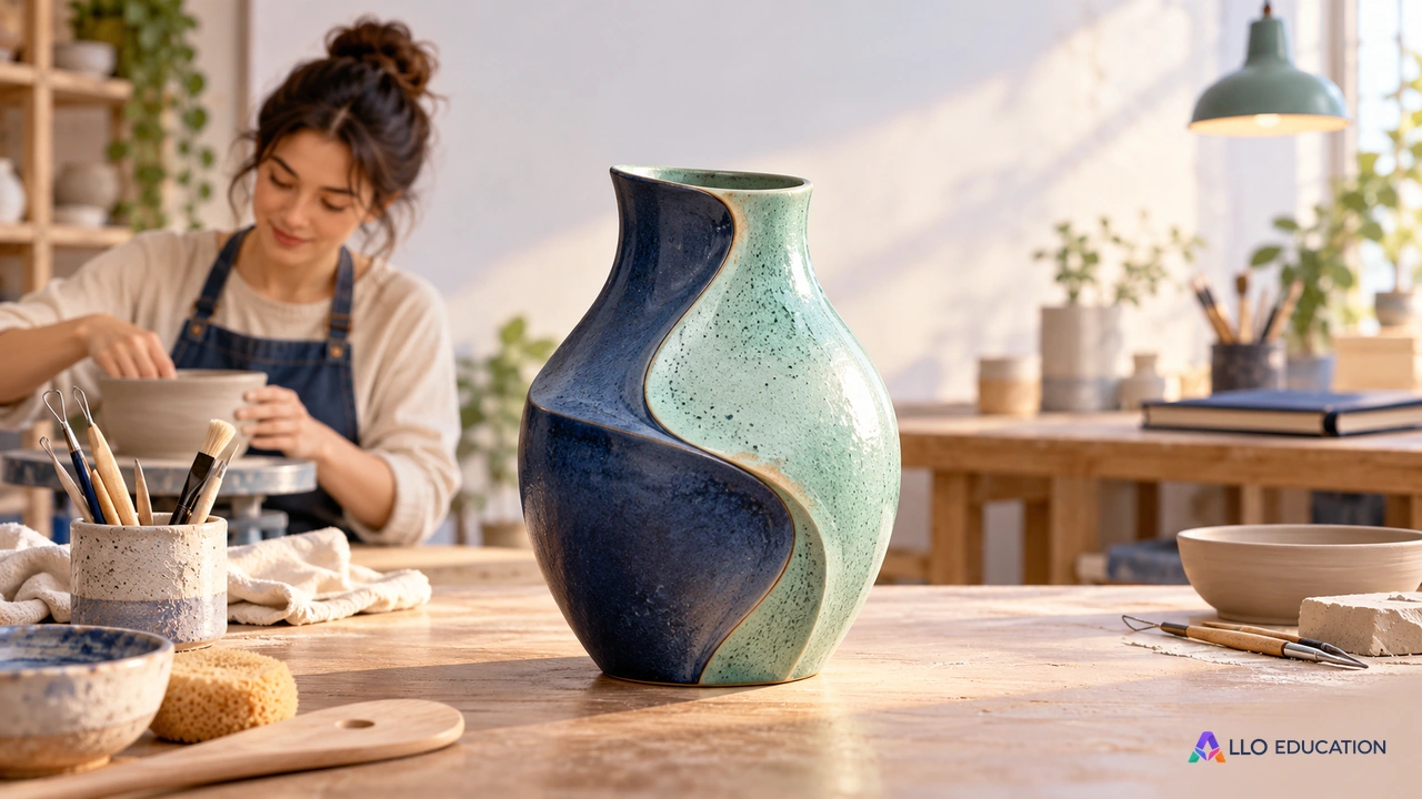Un vase original en céramique domine le premier plan d’un atelier.