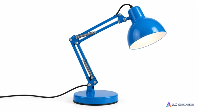 Lampe articulée bleue entière sur fond blanc.