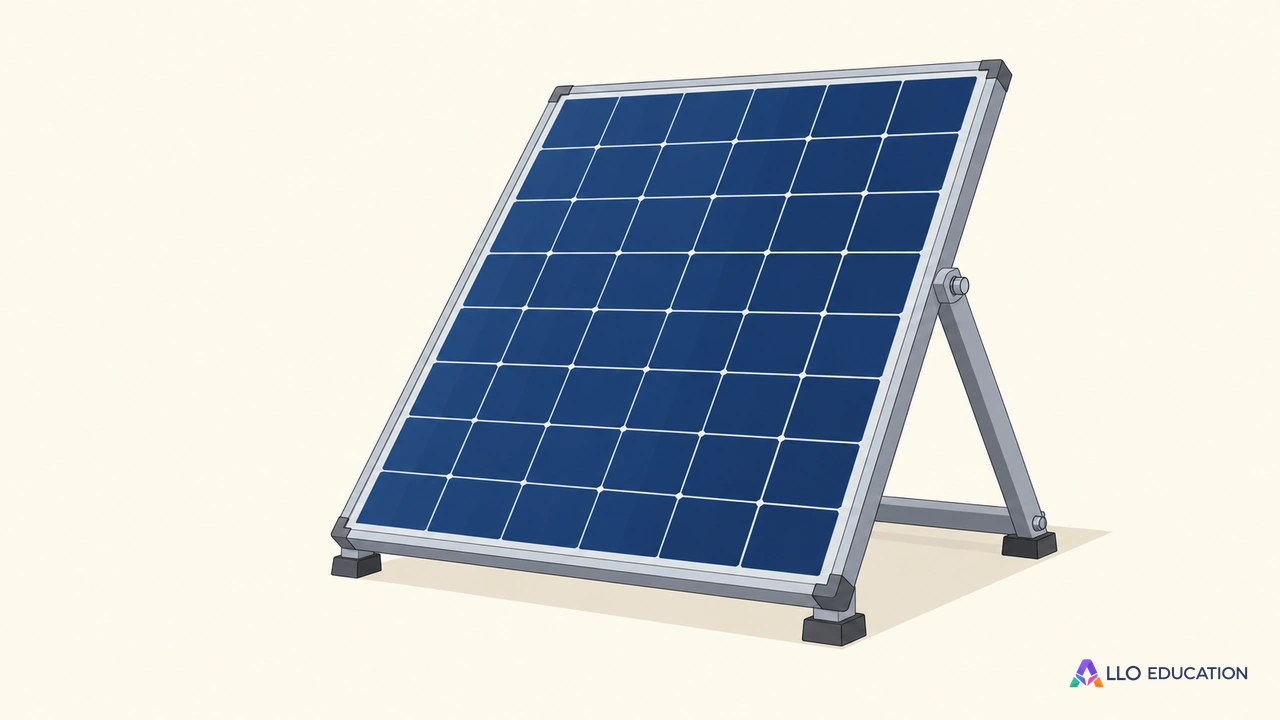 Un panneau photovoltaïque bleu sombre entier sur un support incliné, isolé sur fond clair sans inscription.
