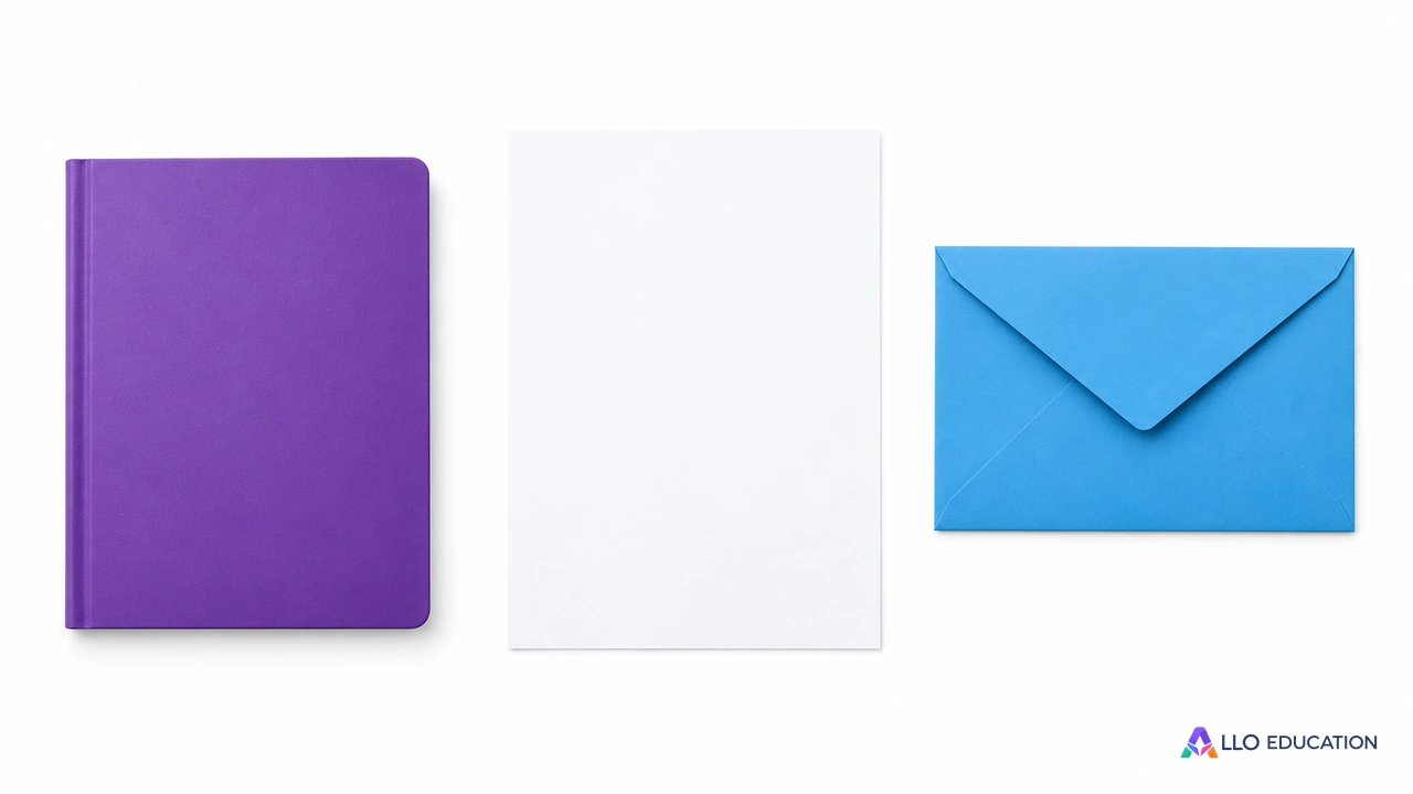 À gauche un cahier violet fermé sans inscription ; au centre une feuille blanche vierge ; à droite une enveloppe bleue sans inscription