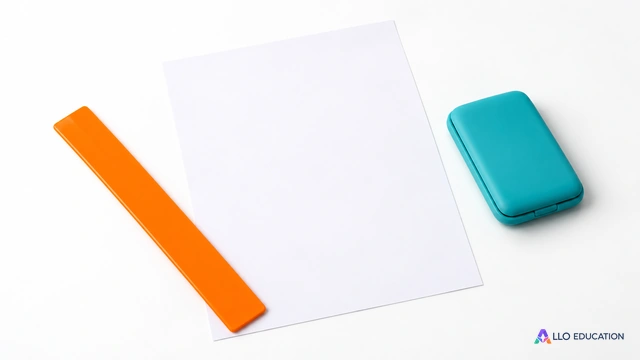 Règle lisse orange, feuille vierge et étui turquoise fermé sans inscriptions.