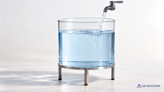 Une cuve transparente avec de l’eau et un robinet uni, isolée sur fond clair.