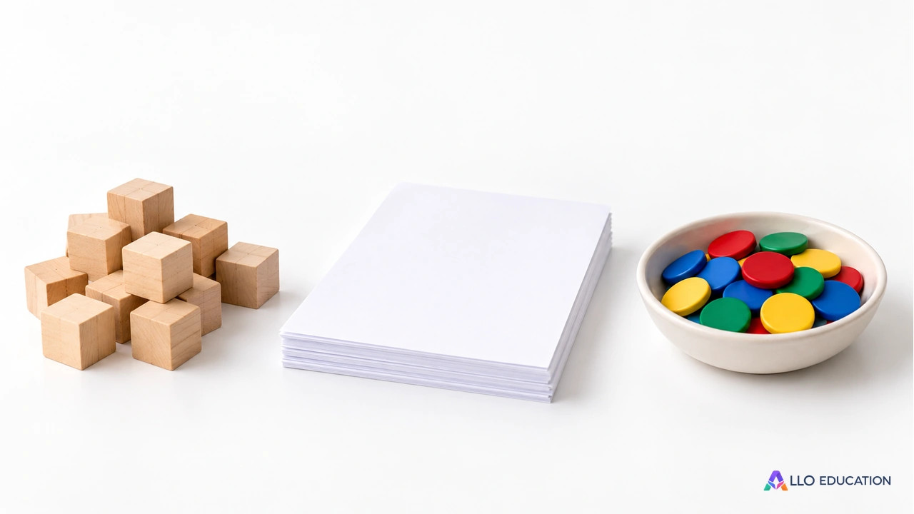 Des cubes de bois sans inscription à gauche, des feuilles vierges au centre, une coupelle de jetons unis sans inscription à droite.