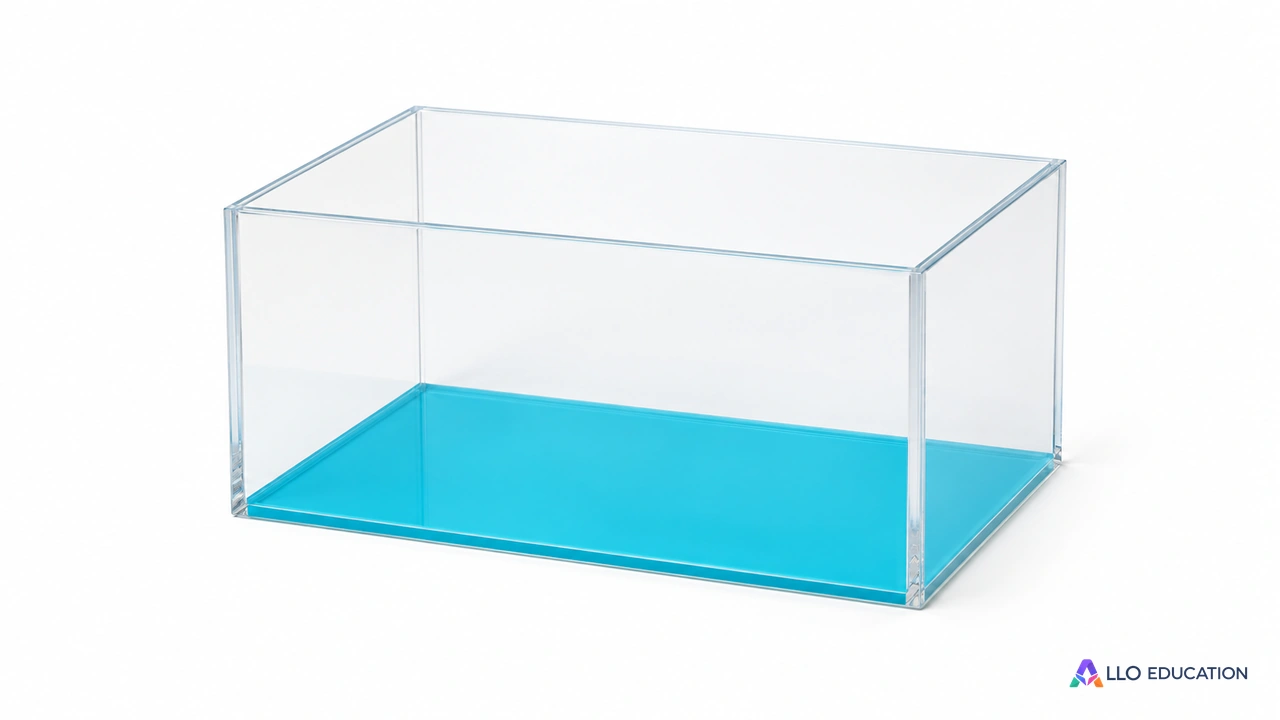 Une boîte transparente vide à fond turquoise, sans dimensions à mesurer.