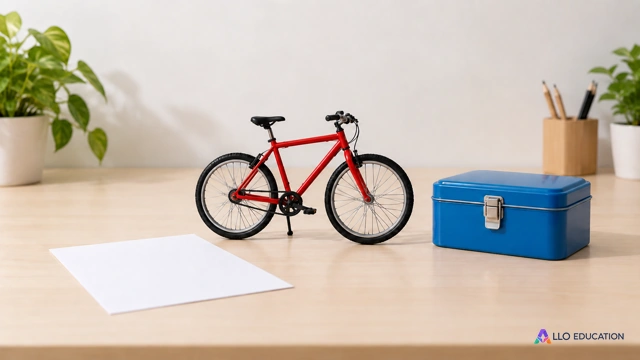 Vélo miniature rouge et objets d’un comptoir pour évoquer une relation entre durée choisie et prix.