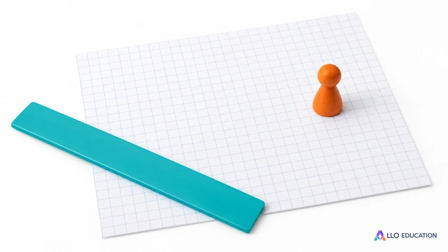 Papier quadrillé, règle turquoise et pion orange, sans coordonnées à lire.