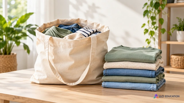Sur une table claire, un sac de vêtements ouvert et une pile propre évoquent une collecte organisée pour le réemploi textile.