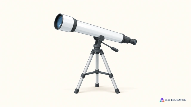 Une lunette astronomique de réfraction entière sur trois pieds, avec un objectif large et un oculaire étroit dans l’axe du tube, sans inscription.