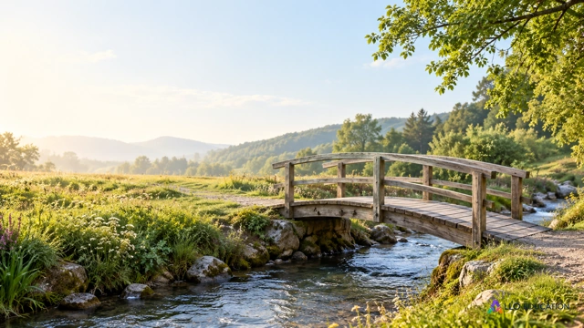 Un petit pont de bois reliant les deux rives d’un ruisseau paisible.