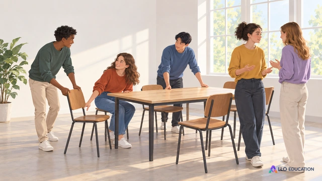 Illustration éditoriale peinte muette : dans une salle associative lumineuse aux murs nus, cinq jeunes adultes fictifs organisent ensemble une table et des chaises ; une.