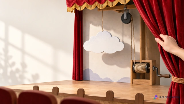 Composition éditoriale fictive : une main entrouvre un rideau de petit théâtre et révèle un treuil simple qui produit le mouvement d’un décor de nuage uni ; la relation effet v.