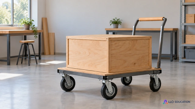 Un chariot à quatre roues avec une poignée et une caisse fermée, dans un atelier scolaire lumineux.