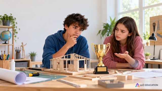 Deux adolescents fictifs discutent face à un modèle réduit inachevé et à un trophée sans inscription ; geste hésitant au centre, couverture claire sans texte.