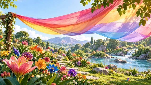 Un tissu coloré au-dessus d’un jardin de fleurs imaginaires, avec une rivière au second plan ; couverture lumineuse sans texte ni symbole religieux réel.
