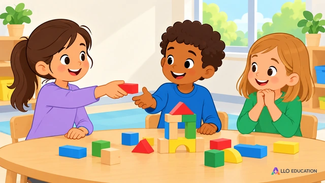 Trois enfants partagent des blocs de bois autour d’une table, dans une classe imaginaire.