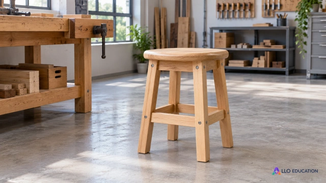 Dans un atelier pédagogique contemporain lumineux, un petit tabouret en bois clair à quatre pieds et traverses solides, assise pleine arrondie et vis accessibles sans marques, posé
