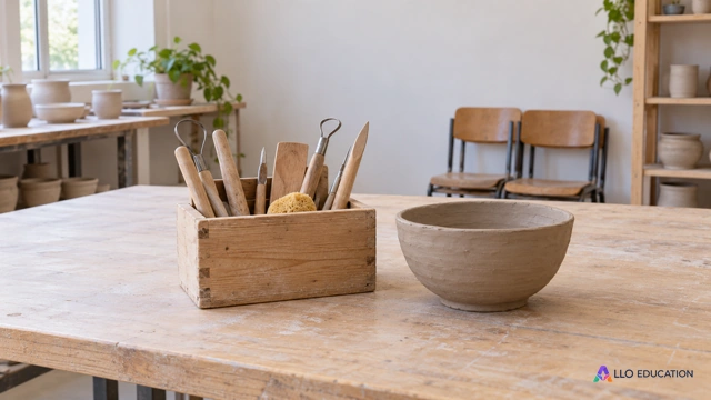Une caisse d’outils de modelage et un bol de terre au centre d’une table claire, avec des chaises rangées et des poteries dans l’atelier associatif.