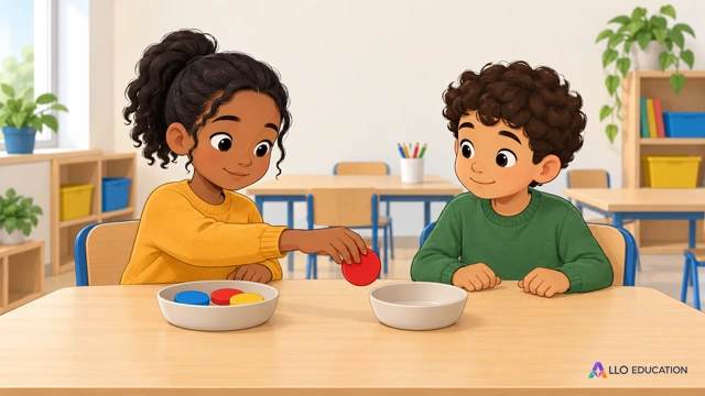 Dans une classe fictive de CE2 au fond clair sans affiche, Nina, fille fictive à peau brune, cheveux noirs attachés et pull ocre uni, et Sami, garçon fictif aux cheveux bouclés et 