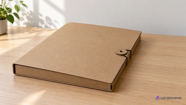 Un dossier cartonné fermé et sans inscription sur une table en bois clair.