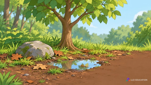Scène de sous-bois tempéré fictif, sans personnage humain ni animal : un petit arbre feuillu vivant, de l’herbe verte, un sol brun avec quelques feuilles mortes, une grosse pierre 