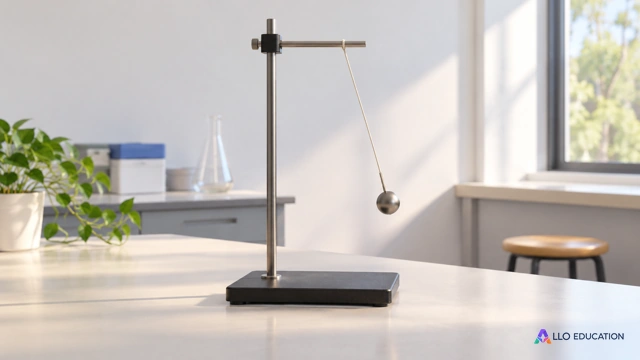 Un pendule à bille métallique suspendu à un fil sur un support de laboratoire uni, sans inscription.