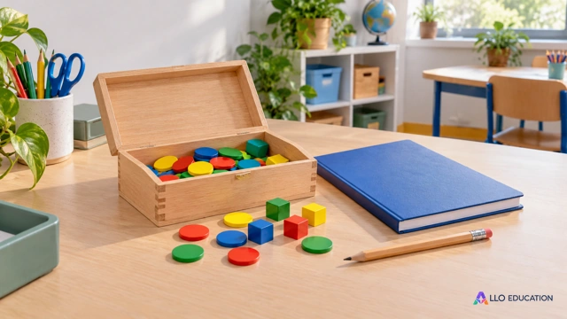 Une boîte en bois ouverte contient des jetons ronds unis et quelques cubes de manipulation dans un atelier scolaire lumineux. À côté reposent un carnet fermé bleu entièrement uni e