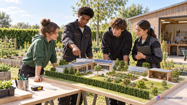 Apprenants fictifs autour d’une modèle réduit du centre et de son jardin, haie et atelier en arrière-plan, aucune inscription.