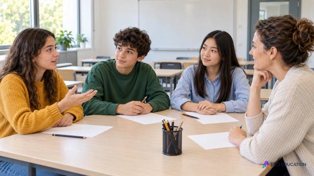 Dans une salle de collège fictif claire sans affiche, trois élèves adolescents variés sont assis autour d’une table avec une enseignante. Une fille en pull ocre parle avec une main