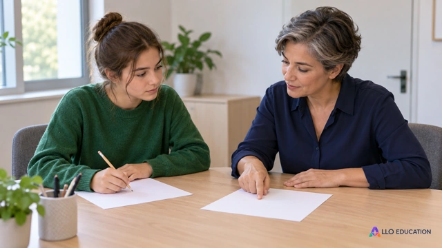 Lina, lycéenne fictive aux cheveux bruns attachés et au pull vert uni, s’entraîne avec Dara, enseignante fictive adulte aux cheveux courts poivre et sel et chemisier bleu marine un