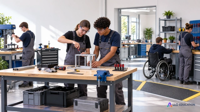 Apprenants fictifs dans un atelier de formation partagé, passage accessible et outils communs, aucun mot ni marque.