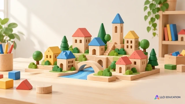 Une petite ville construite en blocs de bois est posée sur une table claire, sans personne.