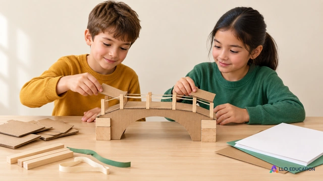 Deux enfants fictifs préparent un petit pont en carton avec des dossiers sans inscription.