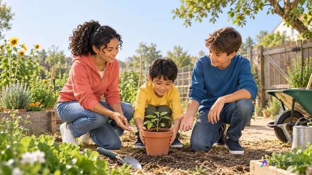 Des adolescents et un enfant accueillent un nouveau participant autour d’un plant dans un jardin partagé.