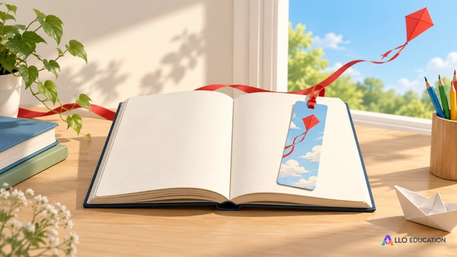 Un carnet vierge ouvert et un marque-page comme sujet central, avec le ruban rouge d’un cerf-volant passant derrière ; composition éditoriale claire et muette, aucune personne deva