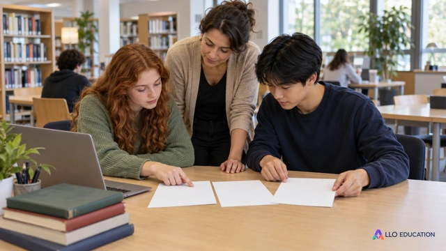 Deux lycéens fictifs et un adulte accompagnateur comparent des feuilles muettes sur une table de bibliothèque ; le parcours montre les modèles et les figures exactes.