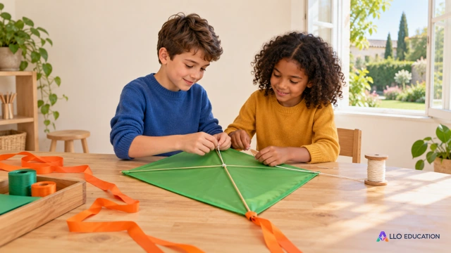 Deux enfants fictifs nouent une ficelle sur un cerf-volant uni, avec des rubans et une bobine sur une table.