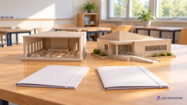 Deux maquettes simples de projets publics et des chemises vierges sur une table de classe.