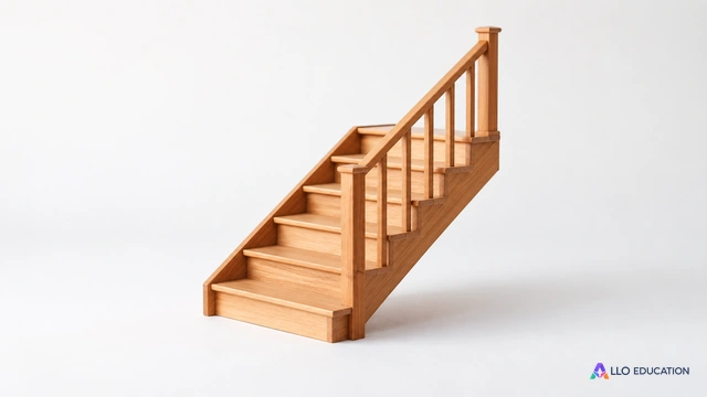 Un seul escalier miniature muet, objet isolé, sans chiffres ni texte.