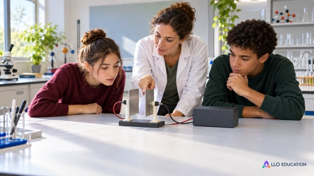 Deux adolescents fictifs et une enseignante dans un laboratoire lumineux, deux plaques métalliques verticales sur supports isolants séparées par un espace d’air, connexions extérie