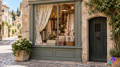 Une vitrine de tissus et une porte basse annoncent une lecture des contrastes d’une rue.